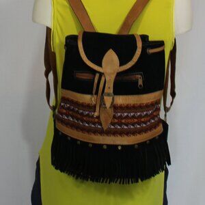 Suede mini backpack Black Brown  Women's with Ornament  Hand Made 10" x 4" x 12"